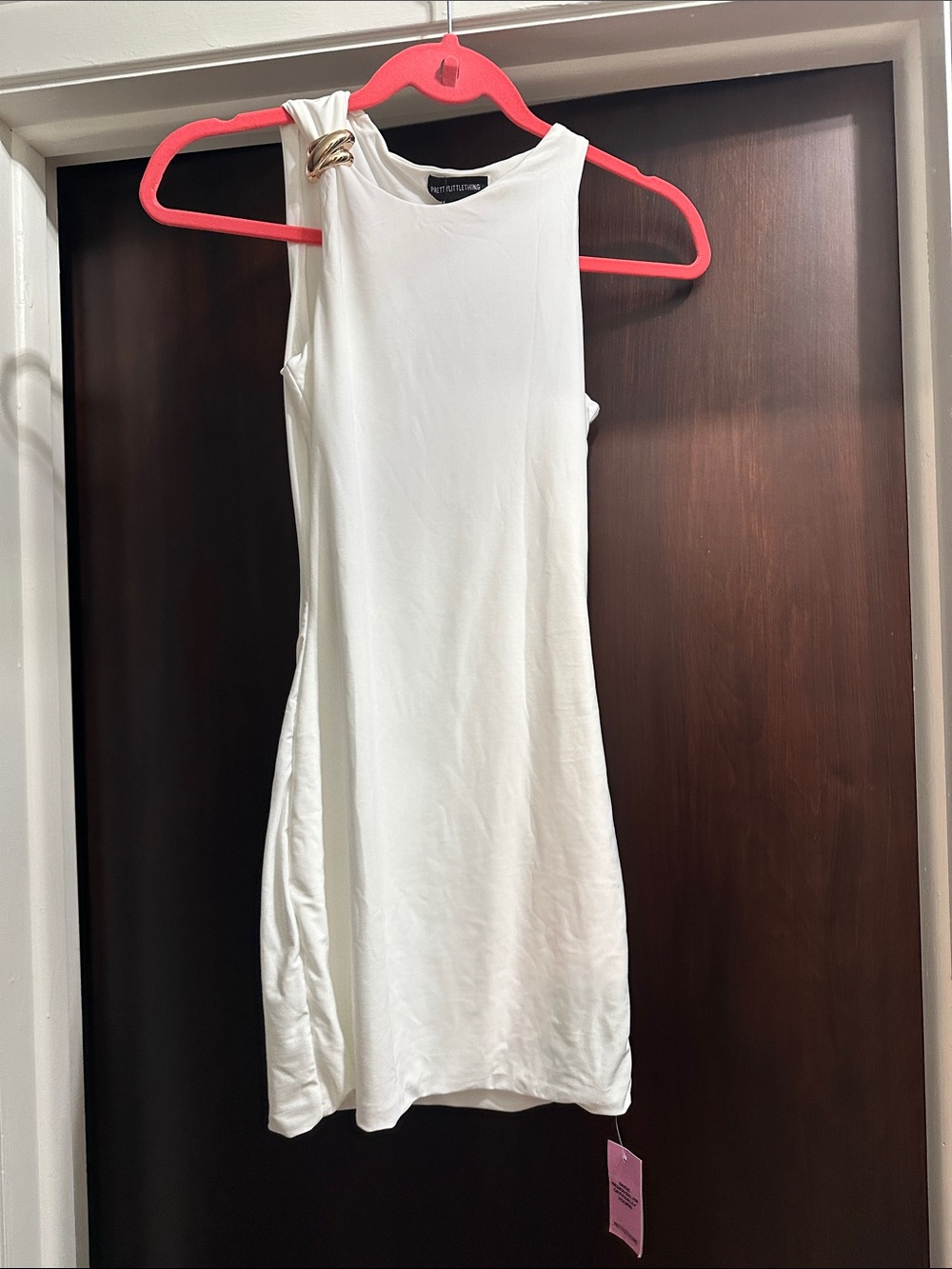 PrettyLittleThing | One-Shoulder White Dress with Gold Accent